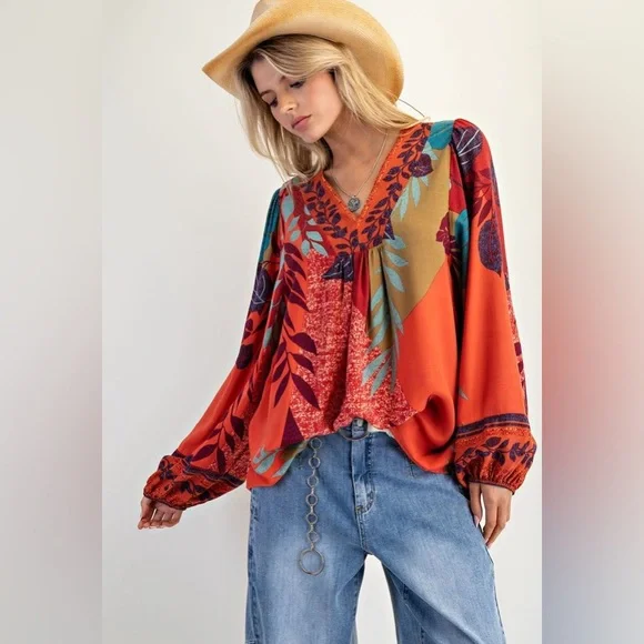 Easel rust olive floral patchwork bubble sleeve western boho tunic top blouse - Picture 4 of 4